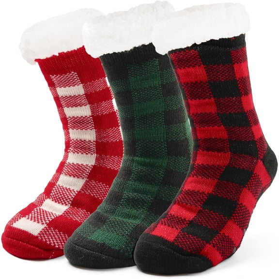 Women's Fuzzy Thick Winter Warm Socks - Fleece Lined Thermal Fluffy With Grips for Home - 3 Pairs