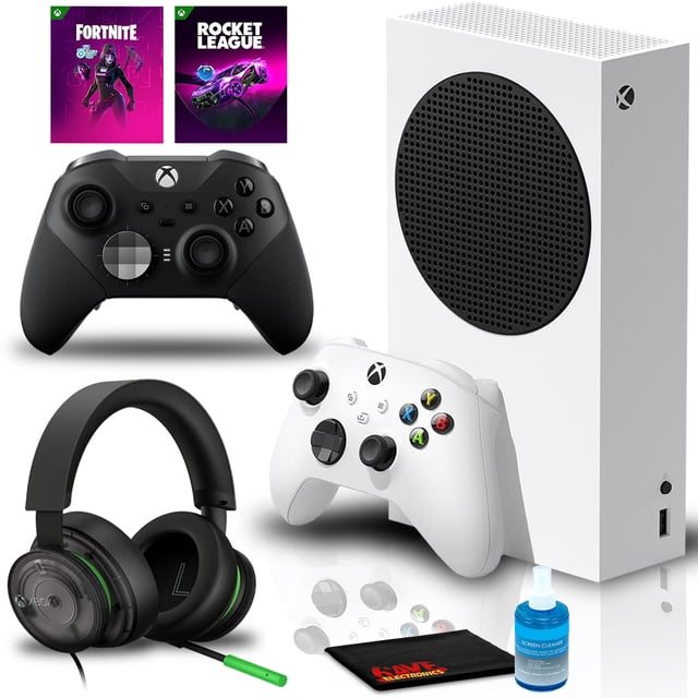 Microsoft Paquete Fortnite y Rocket League Xbox Series con Controlador Inalámbrico Xbox Elite Series 2 (negro), auriculares estéreo inalámbricos (20.º Aniversario) y Kit de Limpieza 6Ave