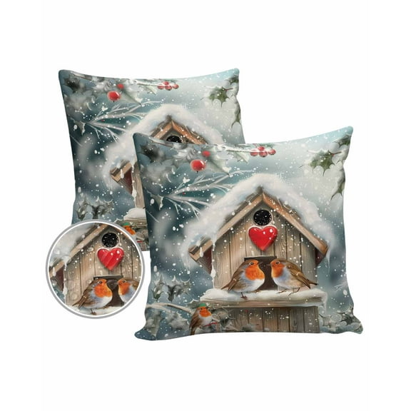 Pack of 2 Outdoor Pillow Covers, Winter Christmas Robin Snowflakes Holly Snow Scene Waterproof Square Throw Pillowcase Cushion Decorative Pillow Covers for Couch Patio Tent, 16x16 in