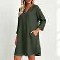 thumbnail image 4 of Women Solid V Neck 3/4 Sleeve Cotton Linen Mini Dress, Loose Casual Swing Dress, Breathable Vacation Dress Army Green XL(XL), 4 of 8