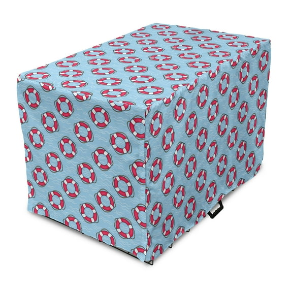 Coastal Dog Crate Cover, Pattern with Floating in Ocean Swimming Urgency SOS Protection, Easy to Use Pet Kennel Cover Small Dogs Puppies Kittens, 7 Sizes, Pale Blue Pink White, by Ambesonne