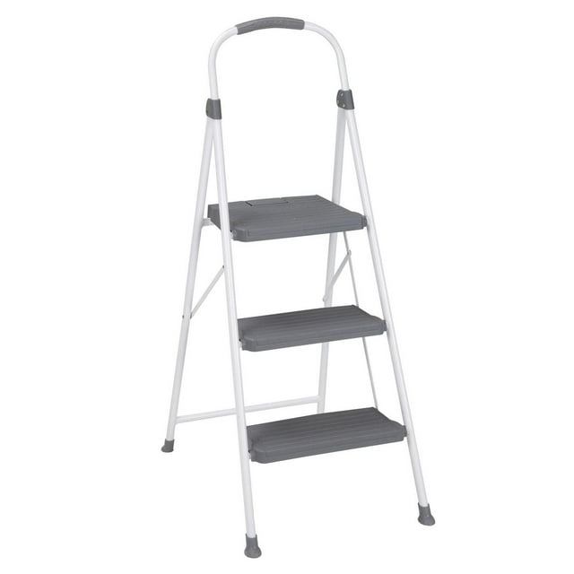 COSCO 2 step Connection Folding Step Stool with Large Resin Steps, Max Reach 8ft 1in (White and Gray, Steel with Resin Steps)