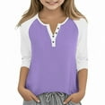 thumbnail image 1 of Cowsor Girl's Casual 3/4 Sleeve T Shirts Button V Neck Tunic Blouses Color Block Basic Tee Tops Loose Fit Summer Shirt, 1 of 6