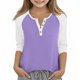 thumbnail image 1 of Cowsor Girl's Casual 3/4 Sleeve T Shirts Button V Neck Tunic Blouses Color Block Basic Tee Tops Loose Fit Summer Shirt, 1 of 6
