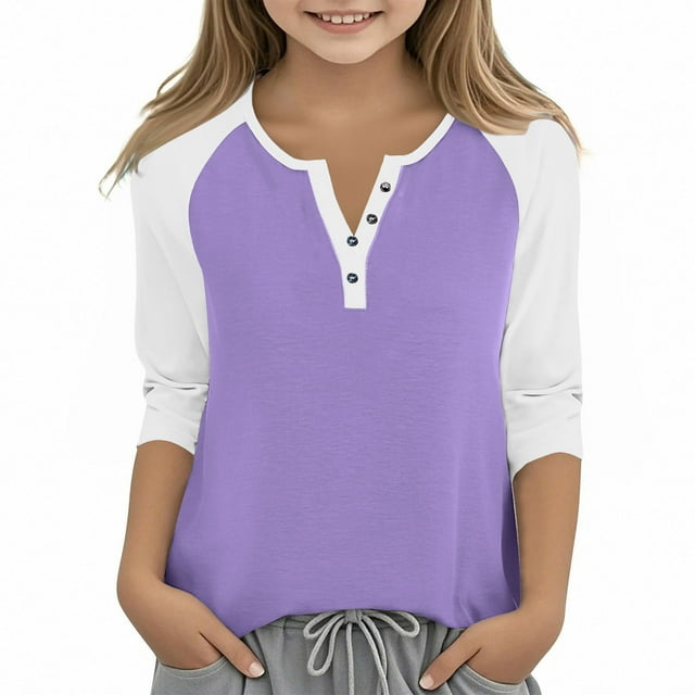 Cowsor Girl's Casual 3/4 Sleeve T Shirts Button V Neck Tunic Blouses Color Block Basic Tee Tops Loose Fit Summer Shirt