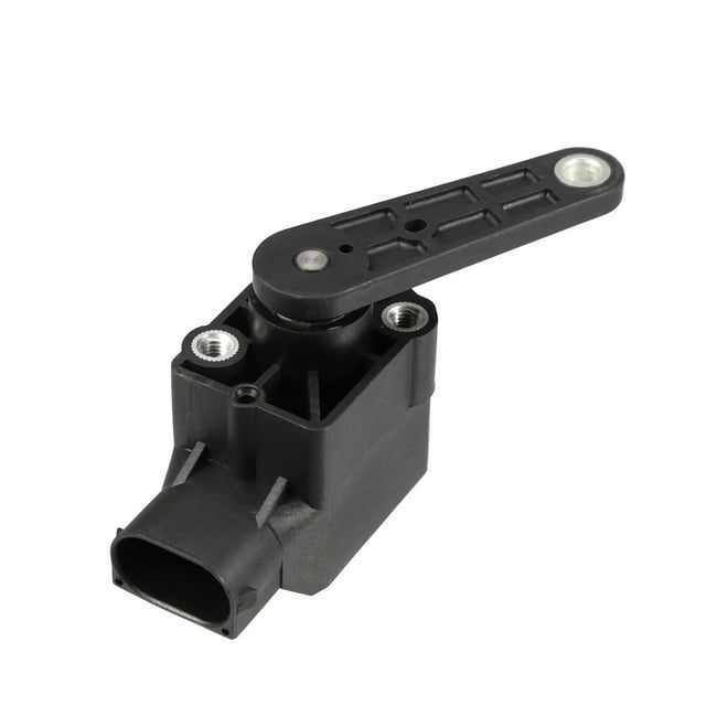 Left Rear Left Front Right Rear Right Front Suspension Height Level Sensor for Mercedes-Benz CLS 500, shown in a close-up view. This automotive replacement part features a durable black plastic construction with a rectangular base and an extended arm for precise suspension height adjustment. Designed for safe transportation and proper ride height, it fits various Mercedes-Benz models including CLS 500, E 320, E 350, S 430, and AMG variants. Package includes one specialty suspension sensor.