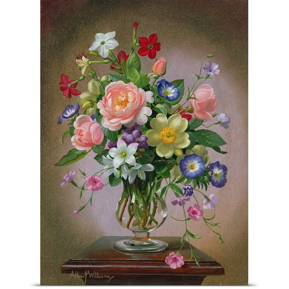 Great BIG Canvas Albert Williams Poster Print entitled Roses, Peonies and Freesias in a glass vase (oil on canvas)
