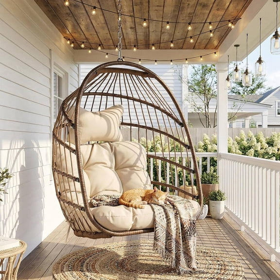 Outdoor Hanging Egg Chair Without Stand, Patio Wicker Swing Egg Basket Chairs with Padded Cushions, 350 Lbs Ceiling Tree Swinging Egg-Shaped Chair No Stand for Indoor Bedroom Porch, Brown