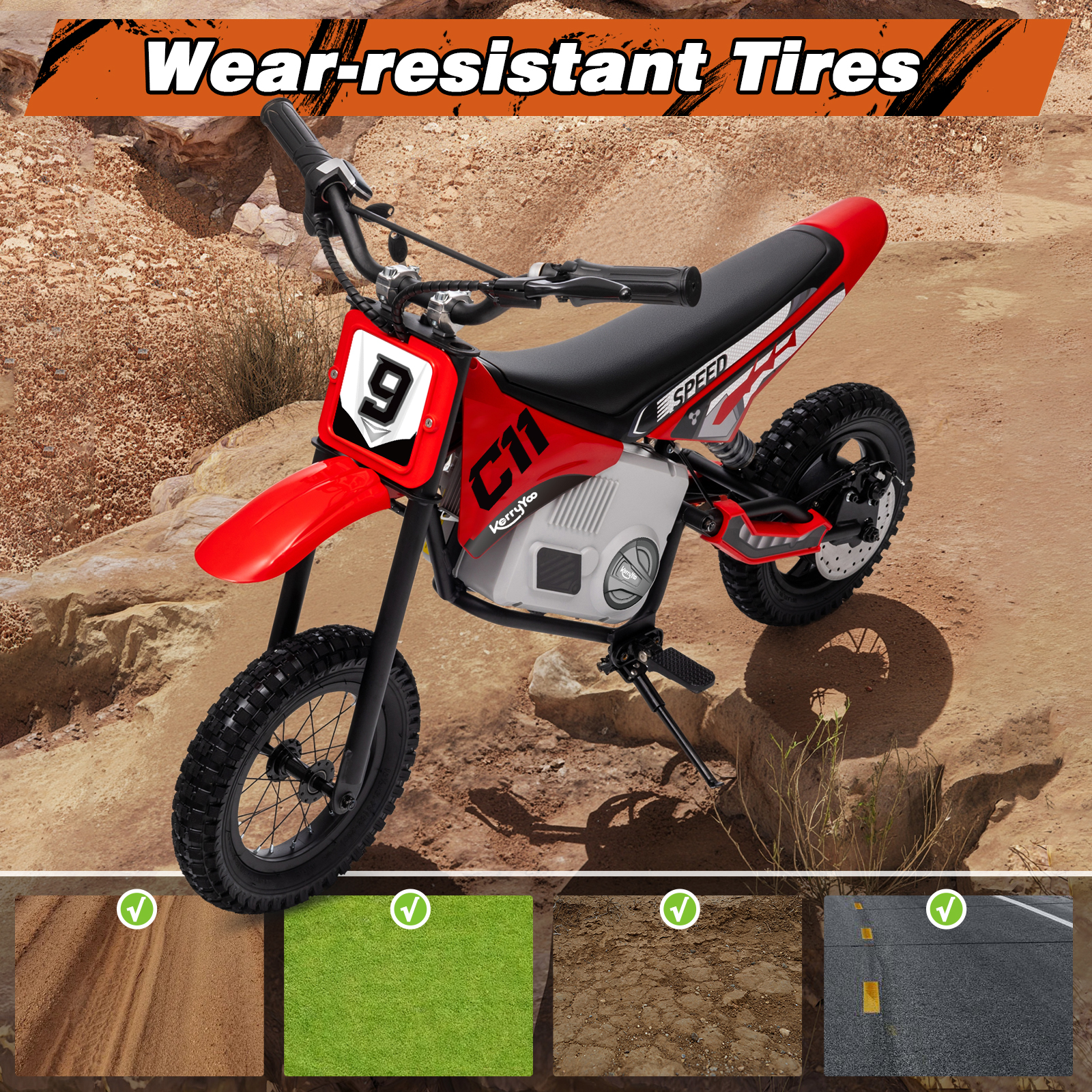 Electric Dirt Bike for Kids 6+, 24V Motorcycle, Electric Motorbike, 5-10 mph, High/Low Speeds-Red
