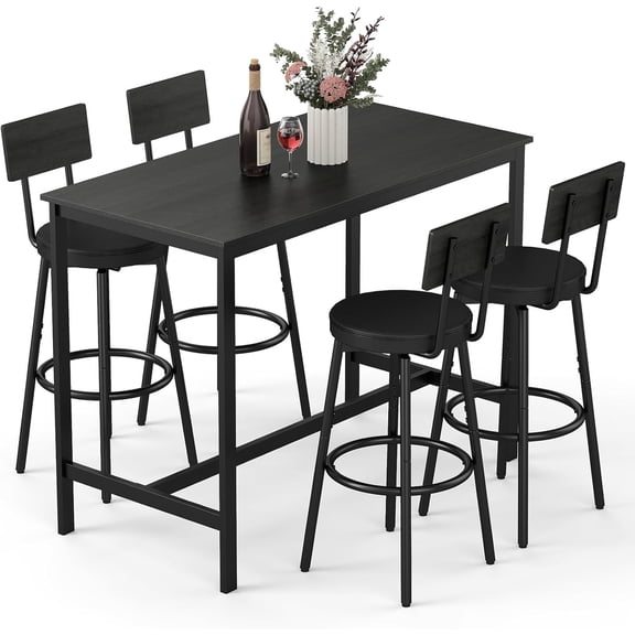 ZIVACATE 5-Piece Counter Height Dining Table Set for 4, Kitchen Bar Table with 4 PU Upholstered Stools, Space-Saving High Top Pub Set for Small Spaces, Black