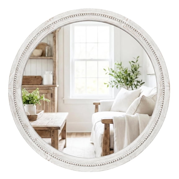 30 Inch Round Distressed White Wood Wall Mirror With Beaded Frame