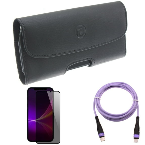 Purple 6ft PD Cable & Privacy Screen Protector & Case Belt Clip for iPhone 13 Pro Max ONLY - USB-C Long Cord Fast Charger   Tempered Glass Curved Anti-Spy   Leather Holster Cover Combo