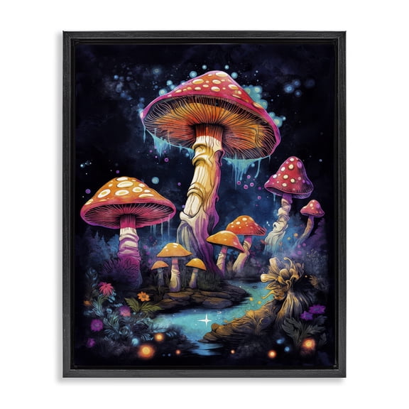 Stupell Industries Psychedelic Mushroom Scene Landscape & Nature Painting Black Floater Framed Canvas Art Print Wall Art, 17 x 21