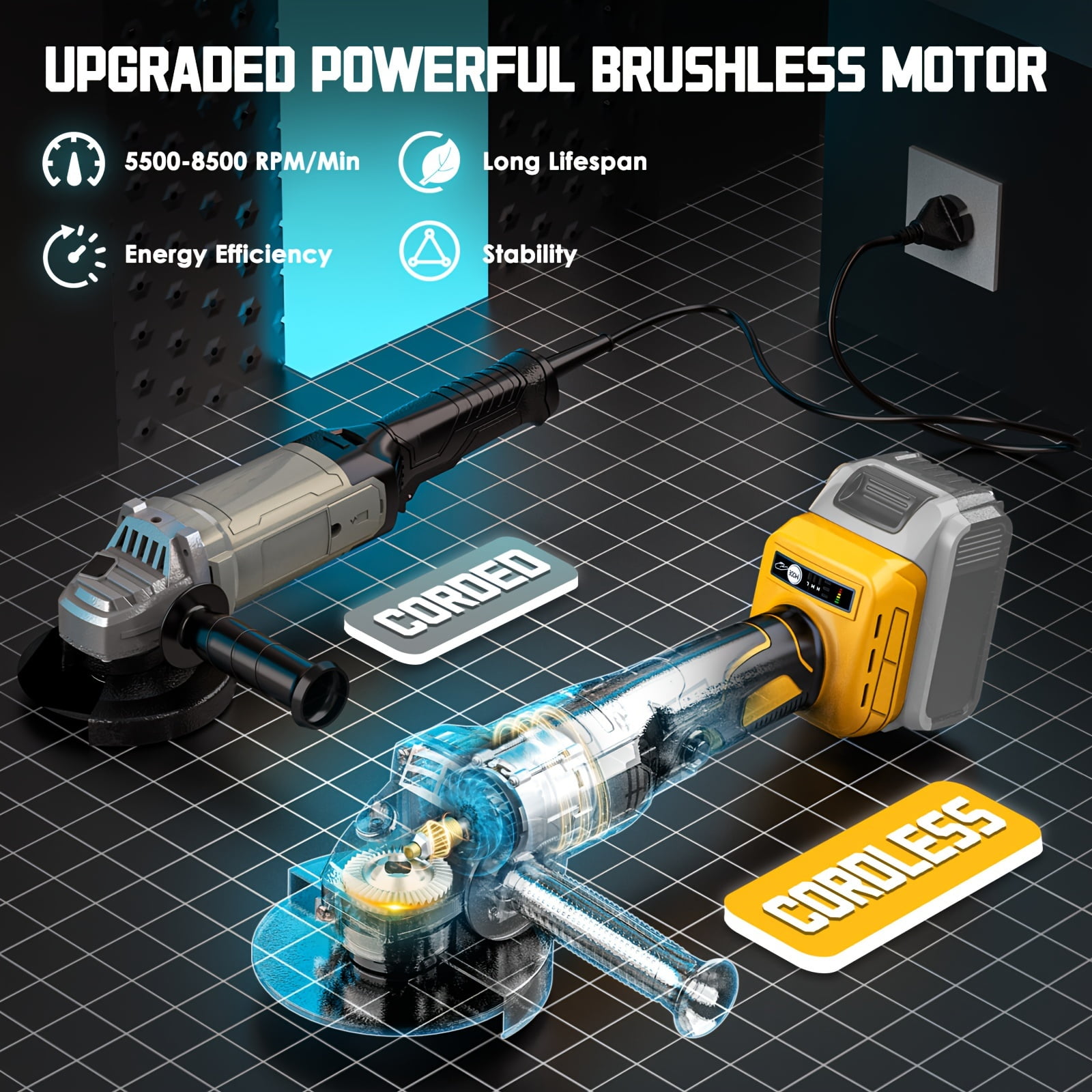 Angle Grinder Compatible with for 20V Battery, Featuring a Brushless Polishing Tool with an Auxiliary Handle, Operating at 5500-8500 RPM, Suitable for 4-1/2 Inch Grinding Wheels,