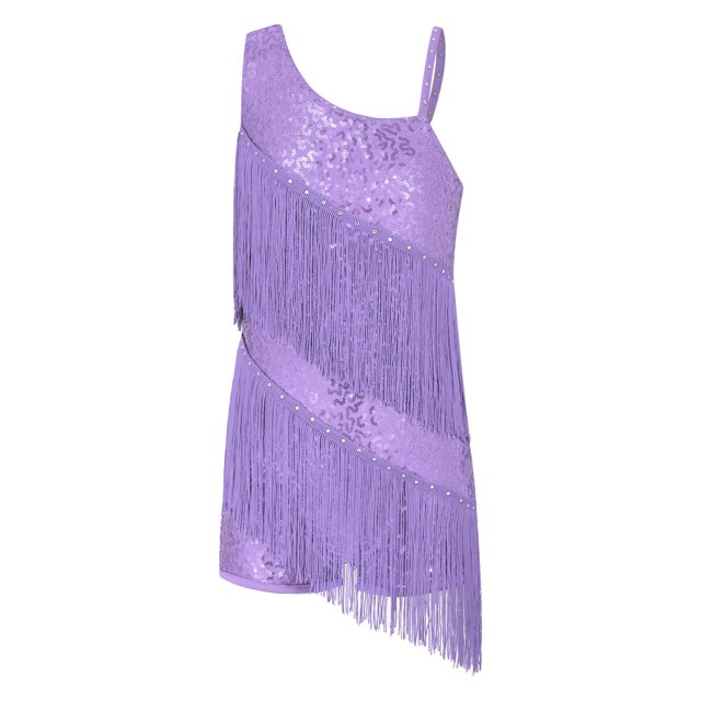 RUNQHUI Robe de Danse Jazz Latine à Franges Diamants Brillants pour Filles Salsa Samba Rumba Cha Tango Lavande 14