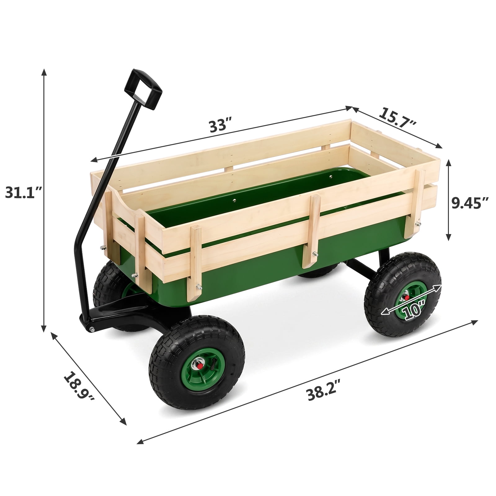 Side Support Cargo Wagon with 10" All-Terrain Air Tires, Up to 220lb Load Capacity, for Towing Kids Toys, Gardening Supplies, Green