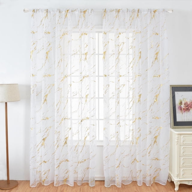 Metallic Gold Foil Marble Print Sheer Curtains Voile Drapes 2 Pcs Set-100*200cm-gold