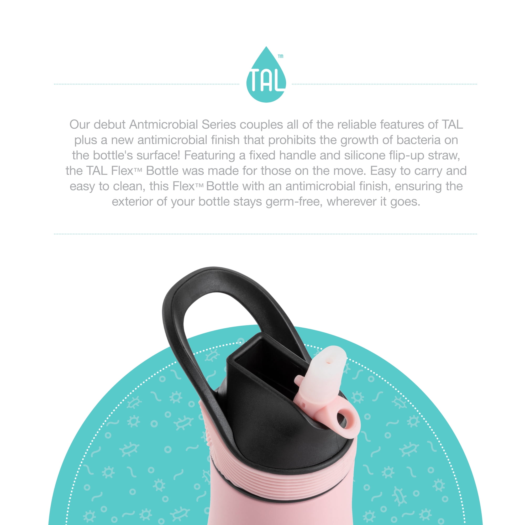 TAL Water Bottle Double Wall Stainless Steel Antimicrobial Flex Bottle 24oz, Pink