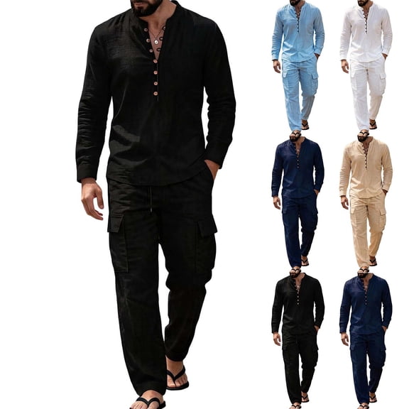 Miqool Mens 2 Piece Outfits Linen Stand Collar Long Sleeve Shirt Loose Workwear Pants Matching Set Casual Loungewear Tracksuit S‑3XL
