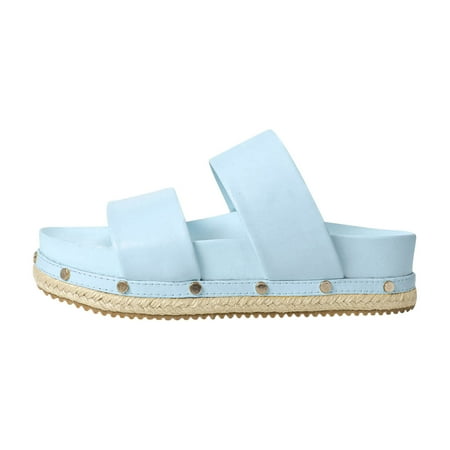 

Sandals For Women Dressy Summer Solid Color Hollow Elastic Strap With Buckle Three Layer Bottom Shoes Blue 42