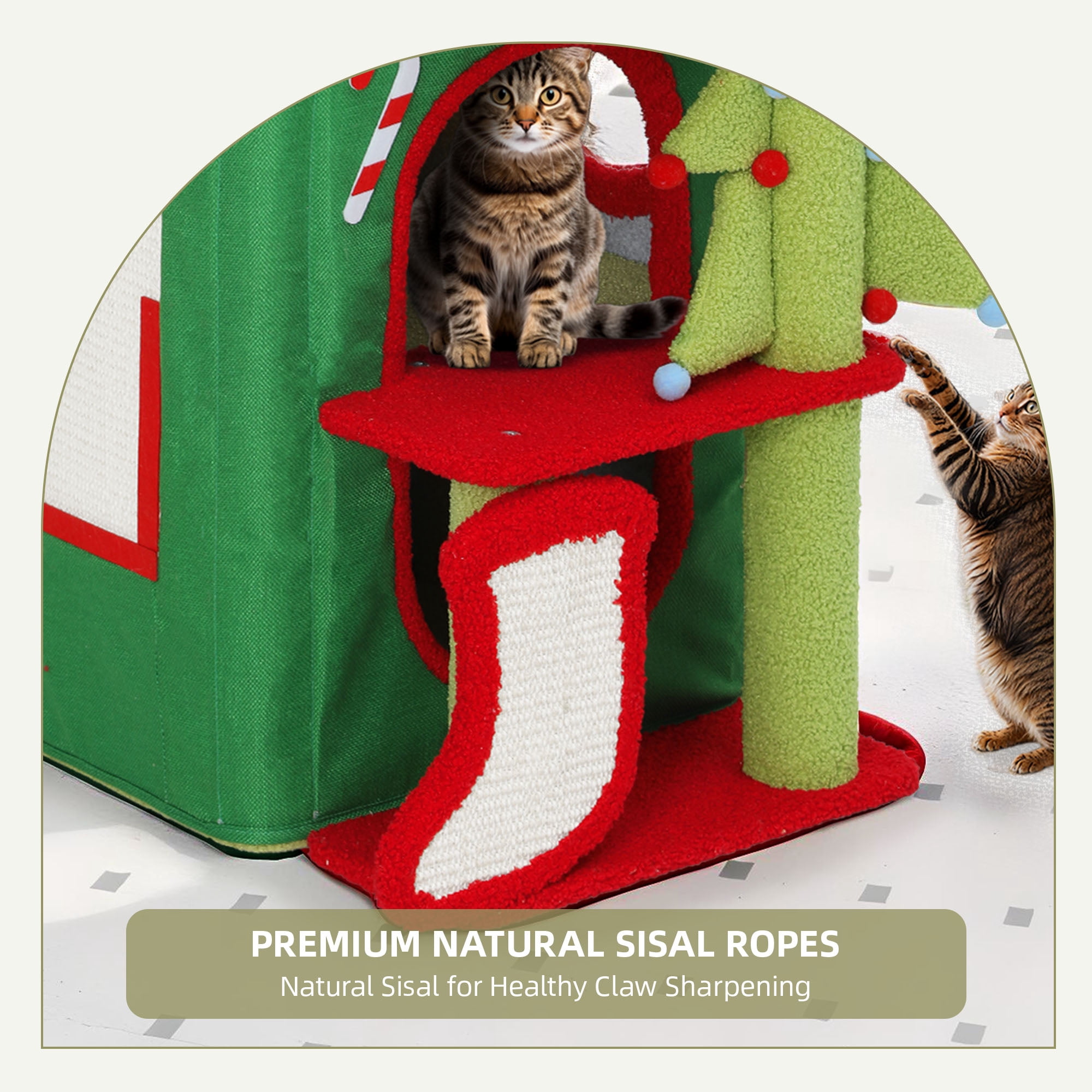 Uforic 3-Level Christmas Cat House, Indoor Cat Play House with Scratching Posts & Hideaway Cave& Hanging Plush Balls, Green