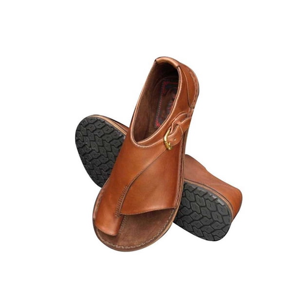 Jumpingount 1 par de sandalias Vintage para mujer, zapatos cómodos de cuero con punta abierta para mujer, calzado informal plano transpirable a la moda para Calzado Marrón Jumpingount AP012049-01