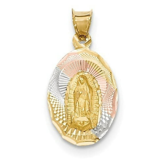 Finest Gold 14K Yellow & Rhodium with Diamond-Cut Lady of Guadalupe Oval Pendant