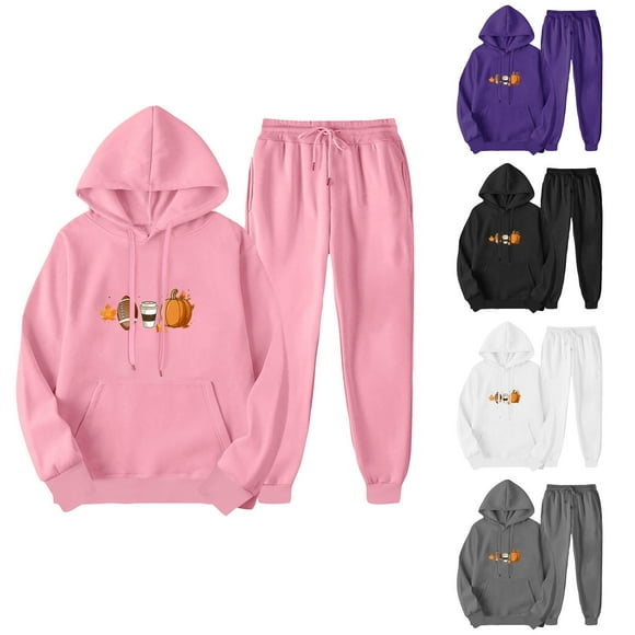 JURANMO Lounge 2 Piece Set for Women Happy Halloween Print Sweatsuits Lightweight Drawstring Hoodie Comfy Elastic Waist Beam Feet Jogging Pants with Pockets Today's Deals of The Day Black XL