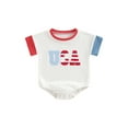 thumbnail image 2 of Aojekbee 4th of July Baby Rompers Infant Girls Boys Fuzzy Letter Embroidery Contrast Color Short Sleeve Waffle Bodysuits Summer Jumpsuit, 2 of 10