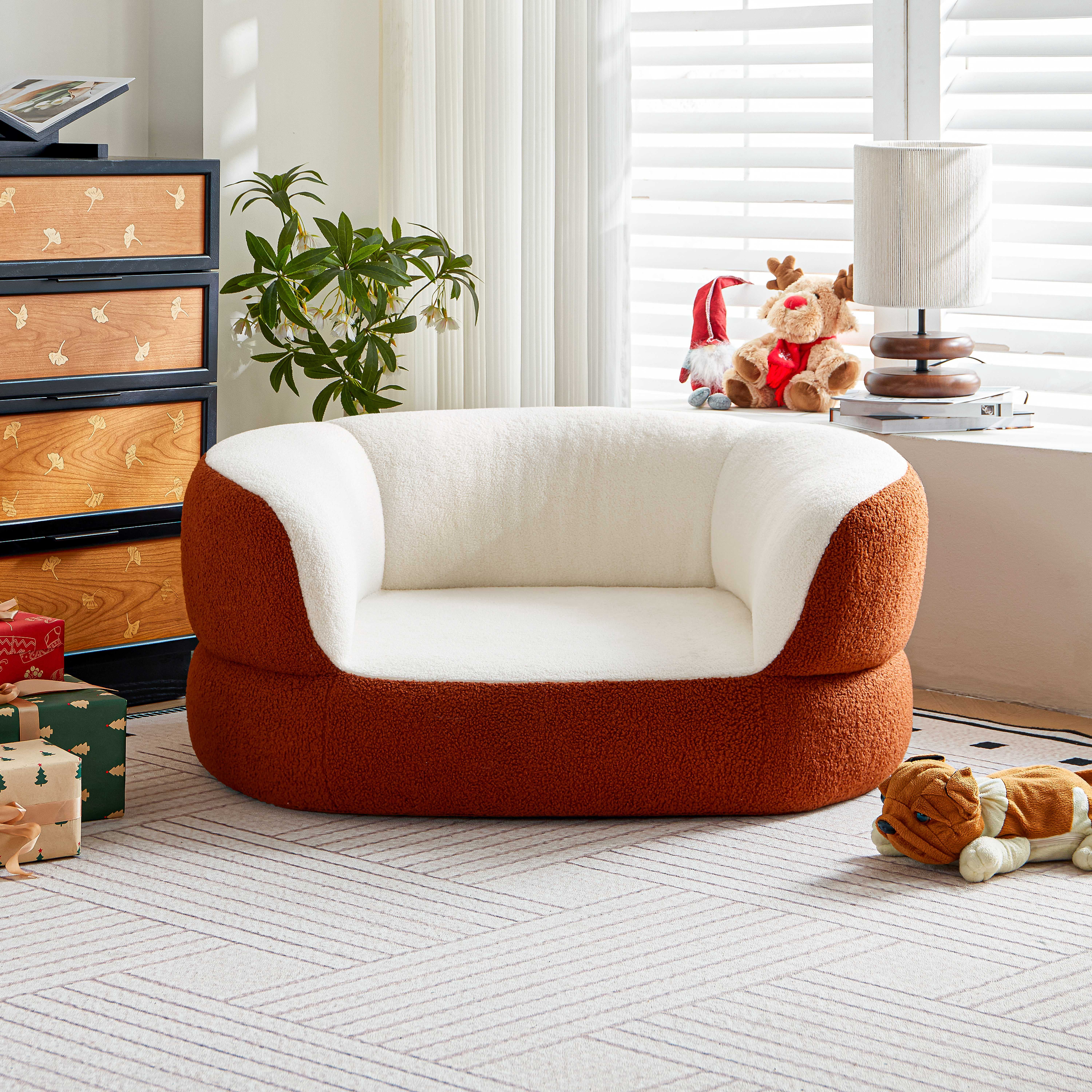 Faux Shearling Indoor Dog Bed Couch for Large and Medium Dogs under 70 lbs, Orthopedic Donut Round Elevated Furniture Pet Bed Sofa with High Backrest, No Assembly Required