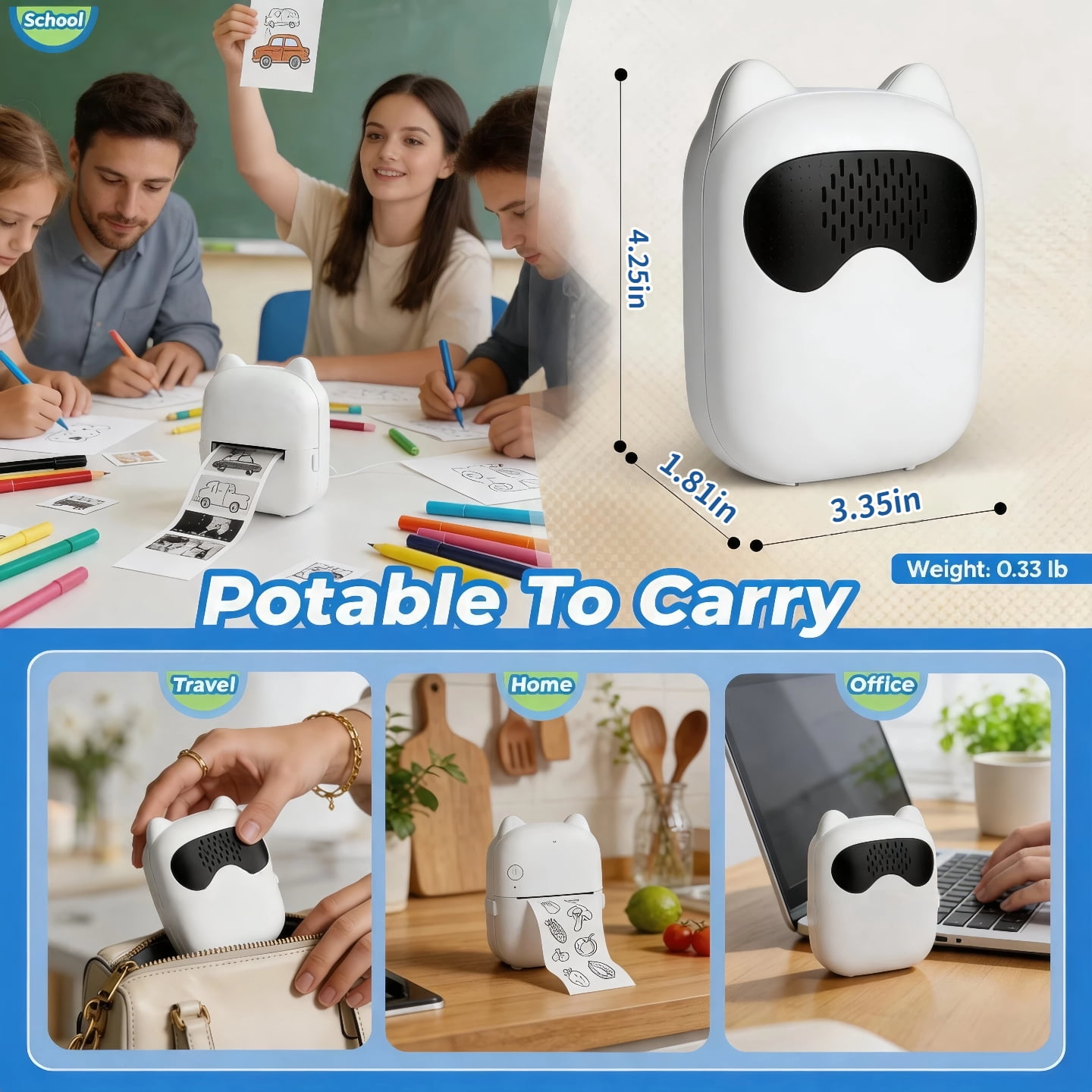AI Voice-to-Image Mini Printer, Portable Inkless Thermal Printer with AI Image Generation & Voice Q&A, Bluetooth Sticker Printer with Thermal Paper for DIY, Journaling & Family Creative Time  - Black