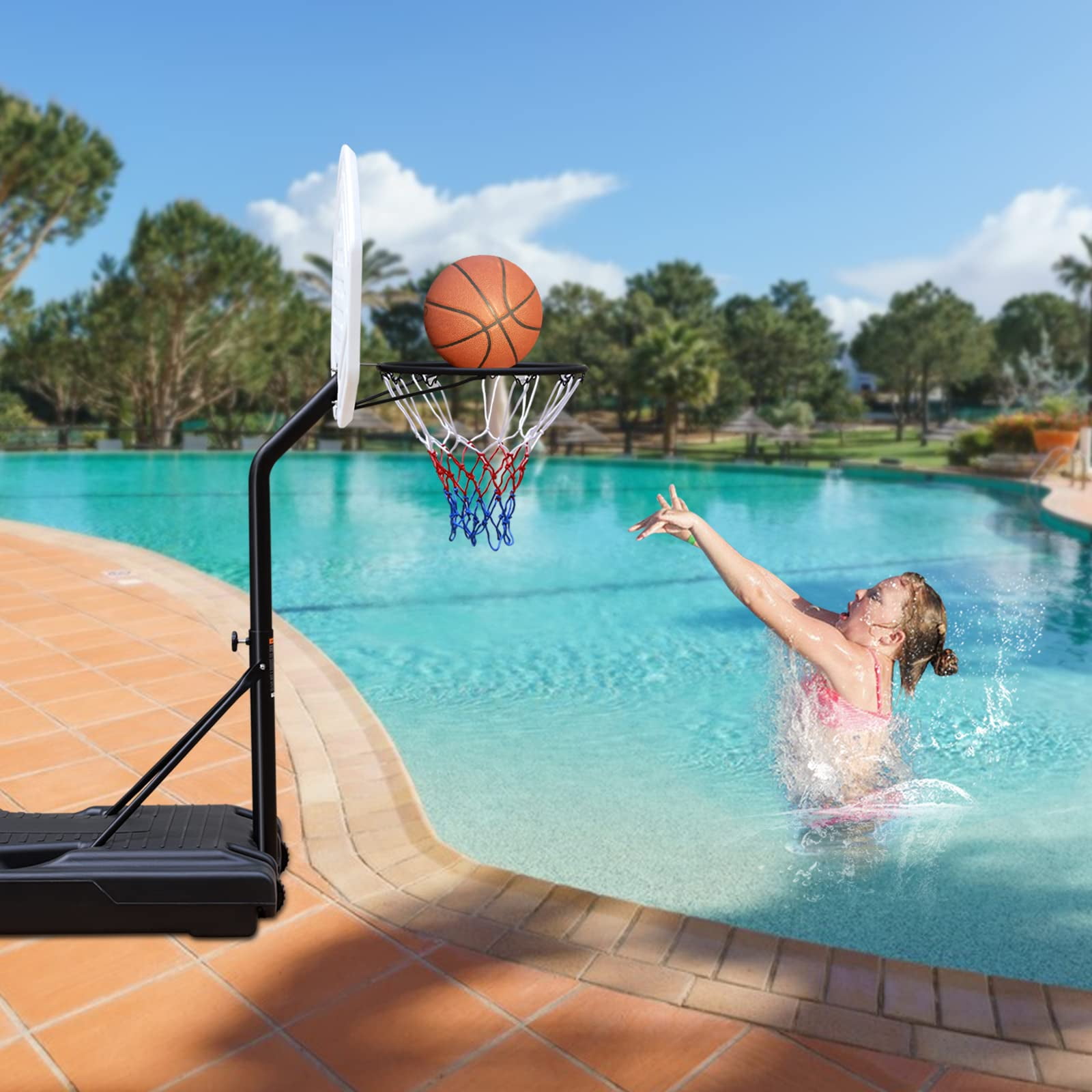HooKung Portable Pool Side Basketball Hoops Height Adjustable 3.1ft-4.7ft Basketball System 35'' Backboard with Wheels for children Teenagers Youth Adults