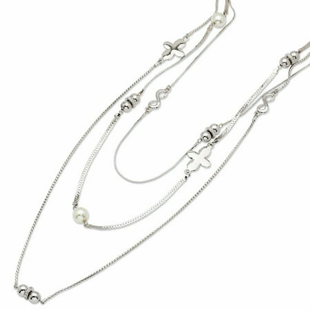 - Silver-tone Swar Crystal and Sim Freshwater Cultured Pearls Triple Strand 36inch Necklace