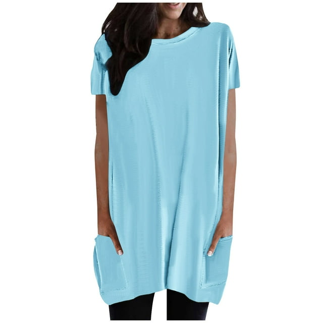 Hauts d'Été pour Femmes Manches Courtes Décontractées Col Rond T-Shirts avec Poches Coupe Ample Confortable Blouses Tuniques de Printemps