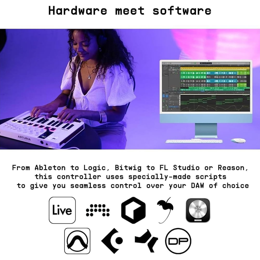 Arturia MiniLab 3 25-Key MIDI Controller Keyboard, White 231501 Bundle with 2 YR CPS Extended Warranty and OnStage MDC-5 5-Ft Male-to-Male MIDI Cable
