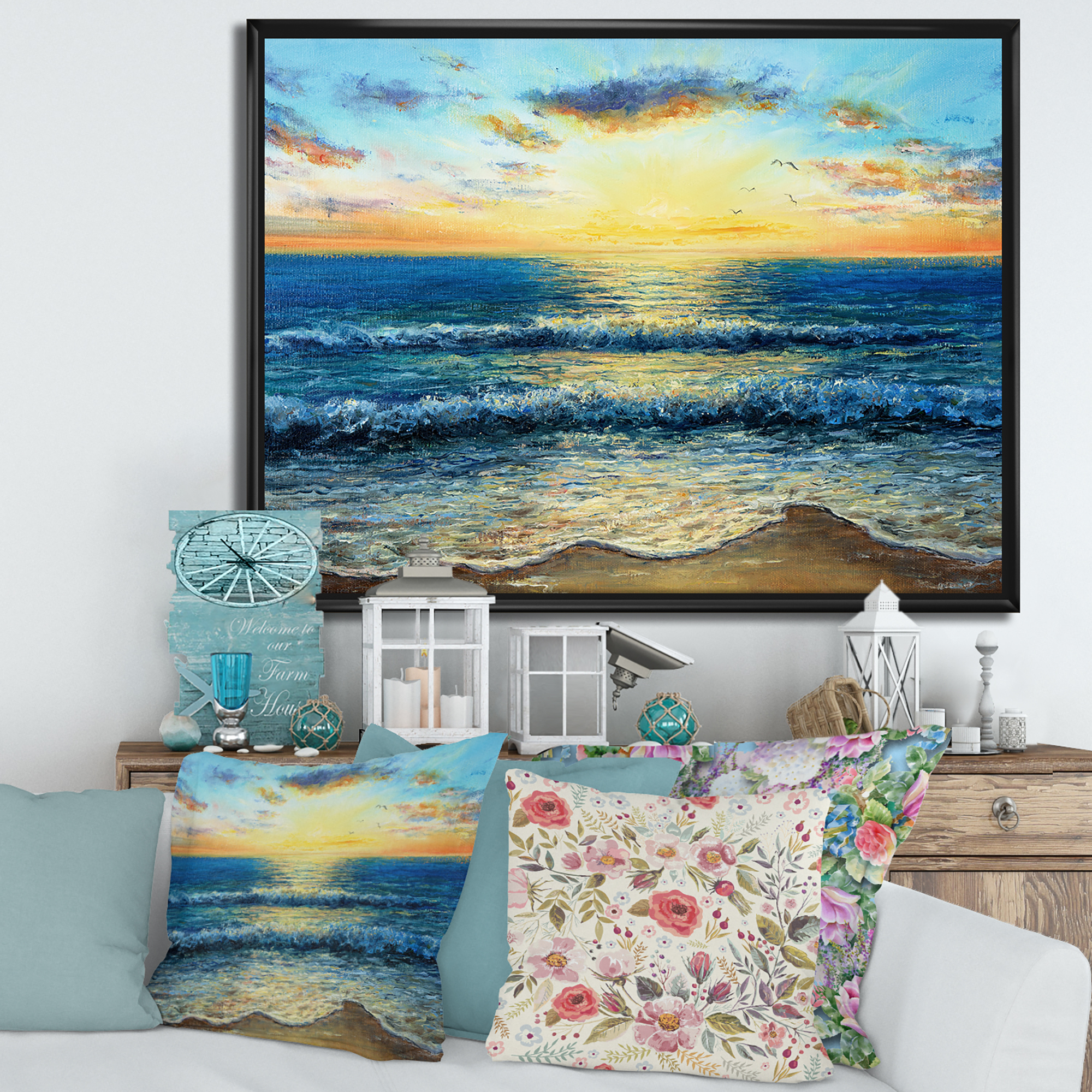 Designart 'Sunrise Glow On The Ocean Waves I' Nautical & Coastal Framed Canvas Wall Art Print