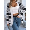 thumbnail image 2 of Women'S Color Block Striped Cardigan Sweater Casual Fall Winter Open Front Knit Cardigan Sweaters with Pockets Grey L, 2 of 8