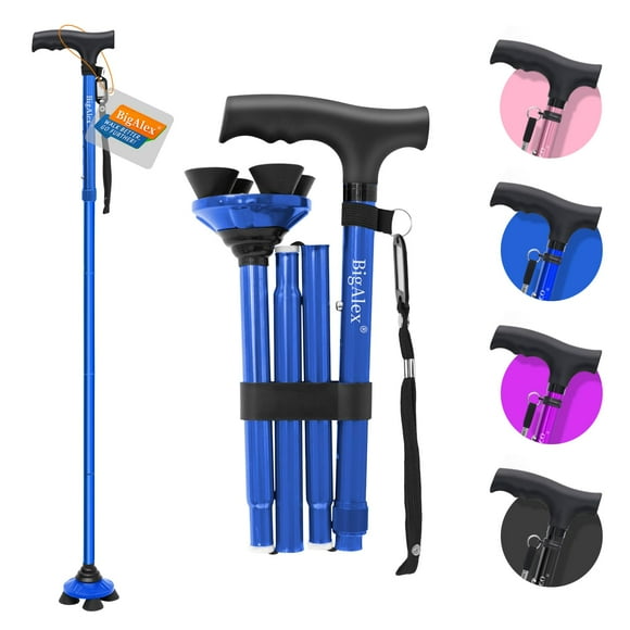 Bastón plegable BigAlex para personas mayores, ajustable y portátil, con base pivotante cuádruple, ligero y plegable, con bolsa de transporte para hombre y mujer.
