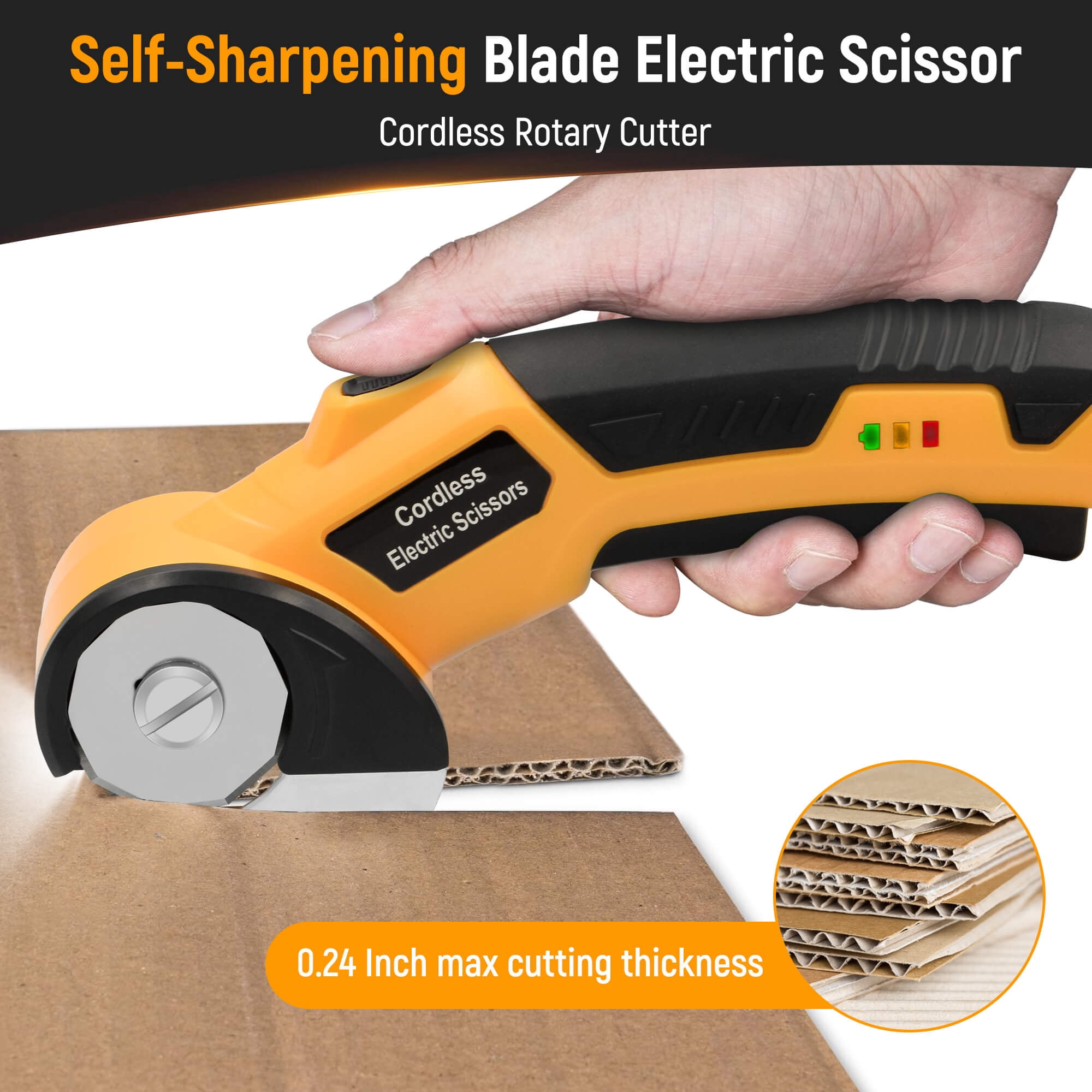 Cordless Electric Scissors, 4V Rechargeable Cardboard Cutter with LED Light ＆ Safety Lock for Fabric, Carpet, Leather, Plastic... (Yellow)