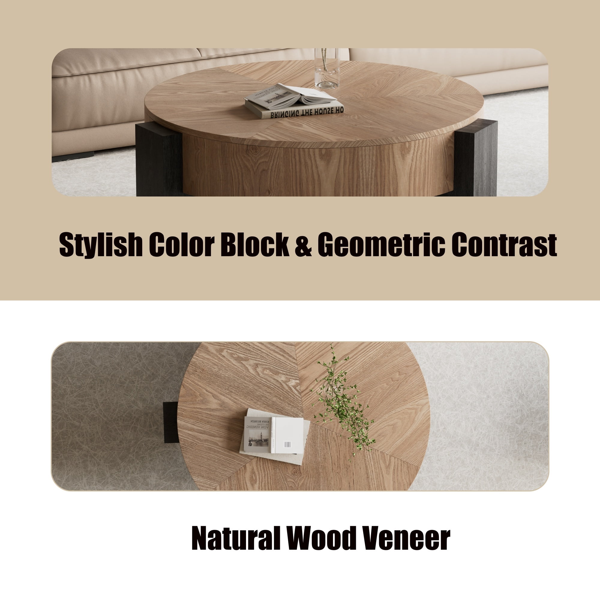 1PCS Round Coffee Table with Hidden Storage Compartment, Modern Wood Veneer Accent Center End Table with 3 Block Legs