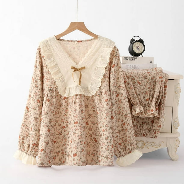 French Vintage Rose Pajamas Women Cotton Home Clothes Loose Long Sleeves Pijama Sexy Mujer V-Neck Conjuntos Feminino Elegante