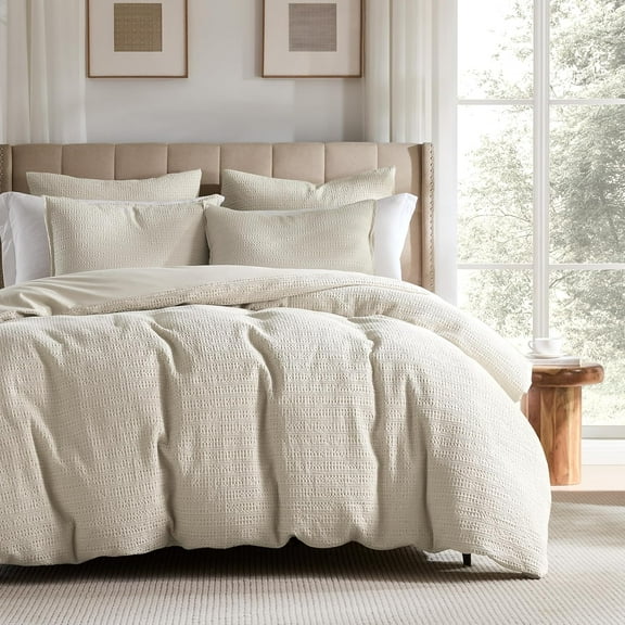 100% Cotton Luxury Honeycomb Duvet Cover Set King Size with Hidden Zipper, Neutral Beige Waffle Weave Bedding, Textured Soft and Breathable Washed, Linen Like, 3 Pieces, 104x90 inches
