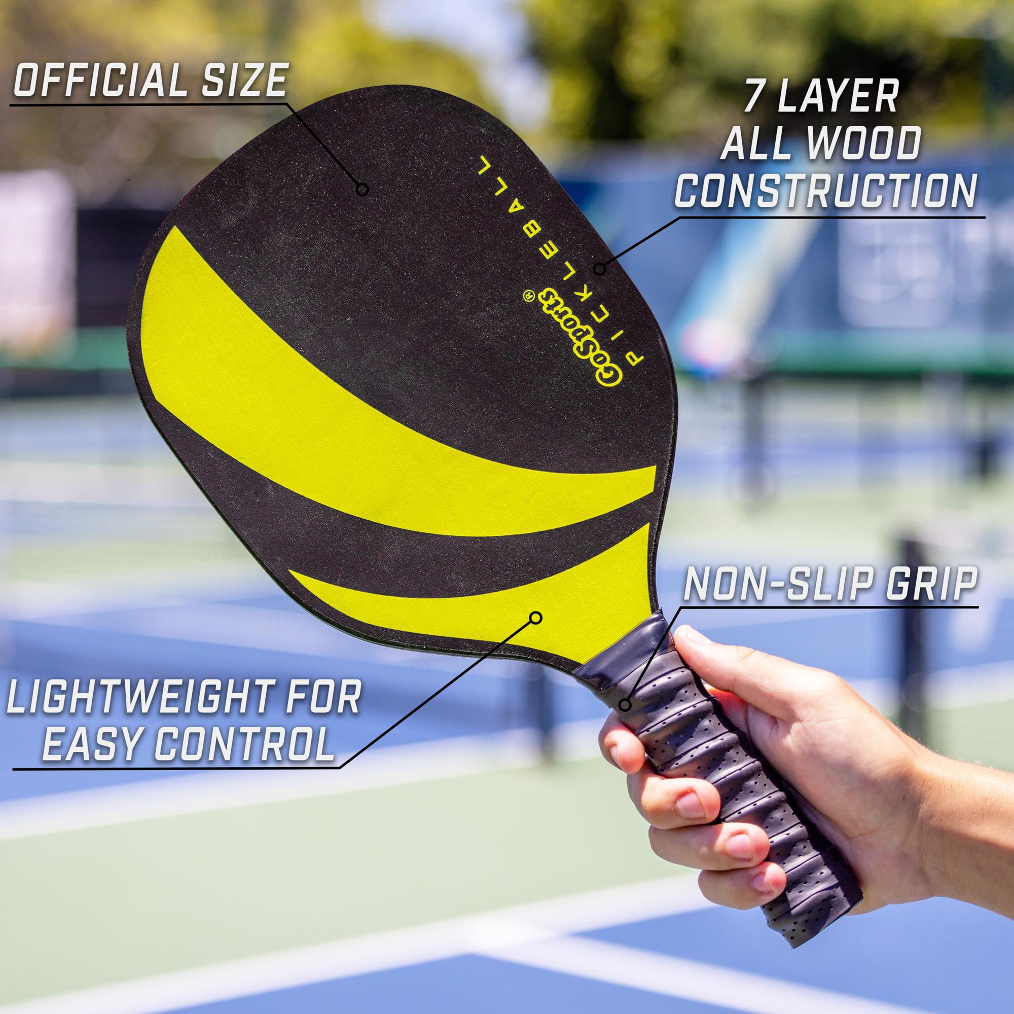 GoSports Pickleball Set with 4 Paddles, 4 USAPA Pickleballs and Carry Case - Yellow