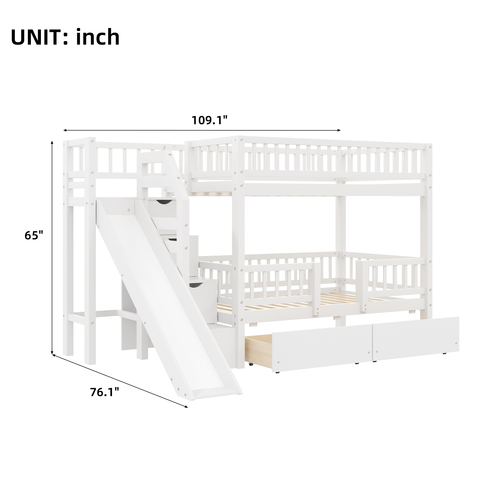 Euroco Twin over Twin Bunk Bed with Storage Staircase and Slide, White