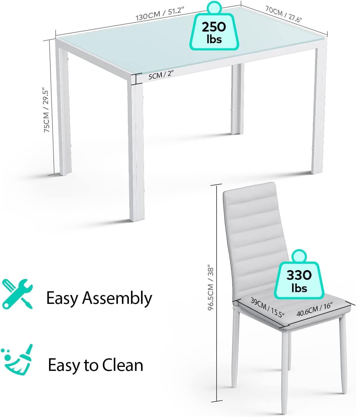 Aiho 6-Seater Modern Dining Table Set with PU Leather Chairs for Kitchen, Small Spaces, White