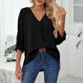 thumbnail image 2 of Blusa Manga Larga Cuello En V Color Puro Volantes Puños Enrollados Tops Casuales De Moda Para Mujer Negro M, 2 of 6