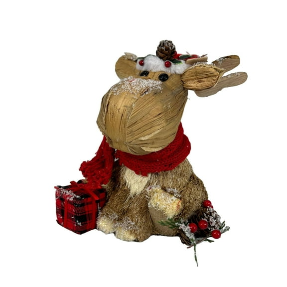 Galt International Straw Reindeer Moose Christmas Figurine - 10.25" - Brown and Red