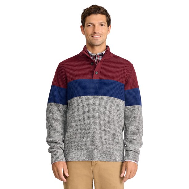 Suéter IZOD para hombre con cuello mock y botones, terciopelo color vino, XXL