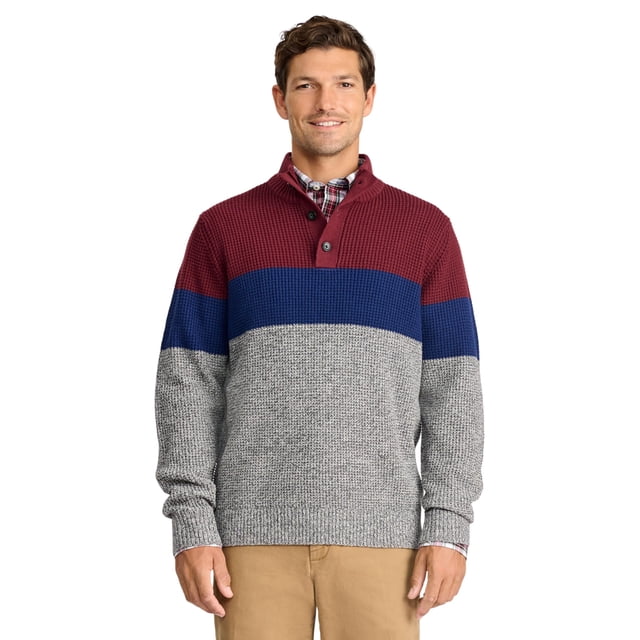 Suéter IZOD para hombre con cuello mock y botones, terciopelo color vino, XXL