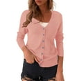 thumbnail image 1 of IMENGL V Neck Plus Size Cardigan Sweater Solid Color Knitted Long Sleeve Short, Pink XL, Size M-3XL, 1 of 4
